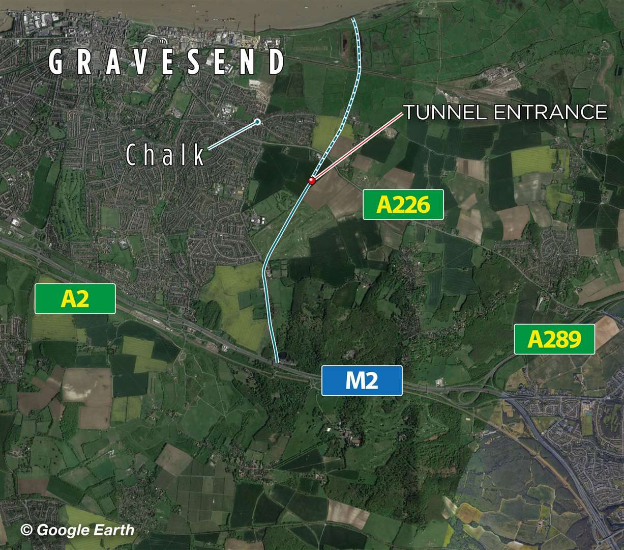The updated planned route of the Lower Thames Crossing
