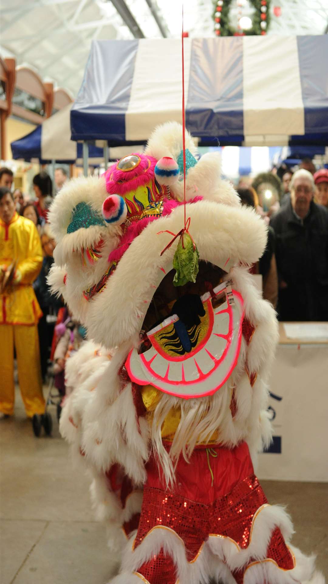 A Chinese lion dance is performed in Gravesend Borough Market to mark the start of the Year of the Rooster 2017