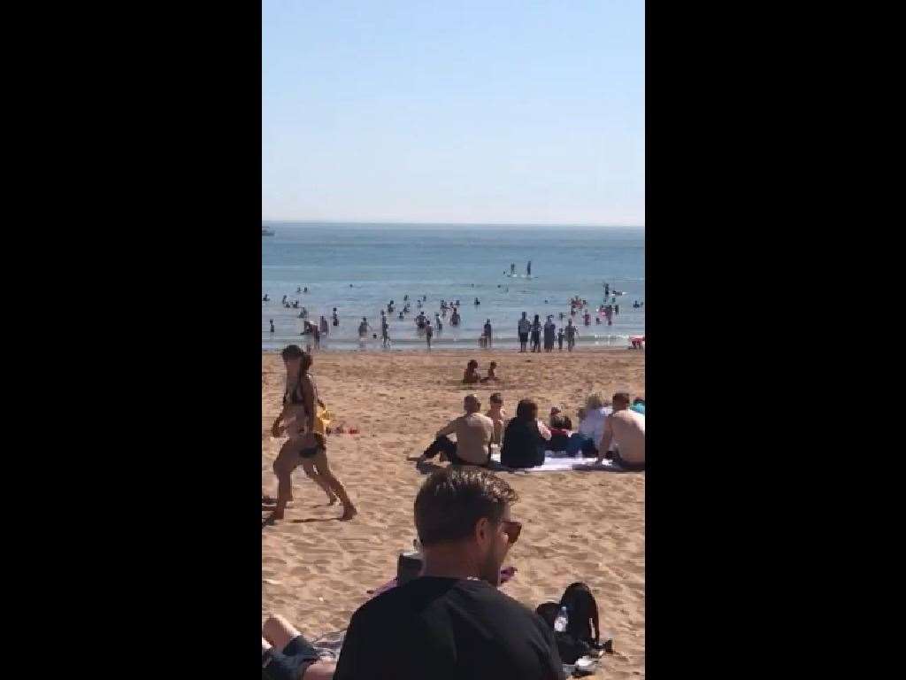 A crowd of people are taking to the sea at Joss Bay, but are being asked to stay within markers. Picture: Phil Allen
