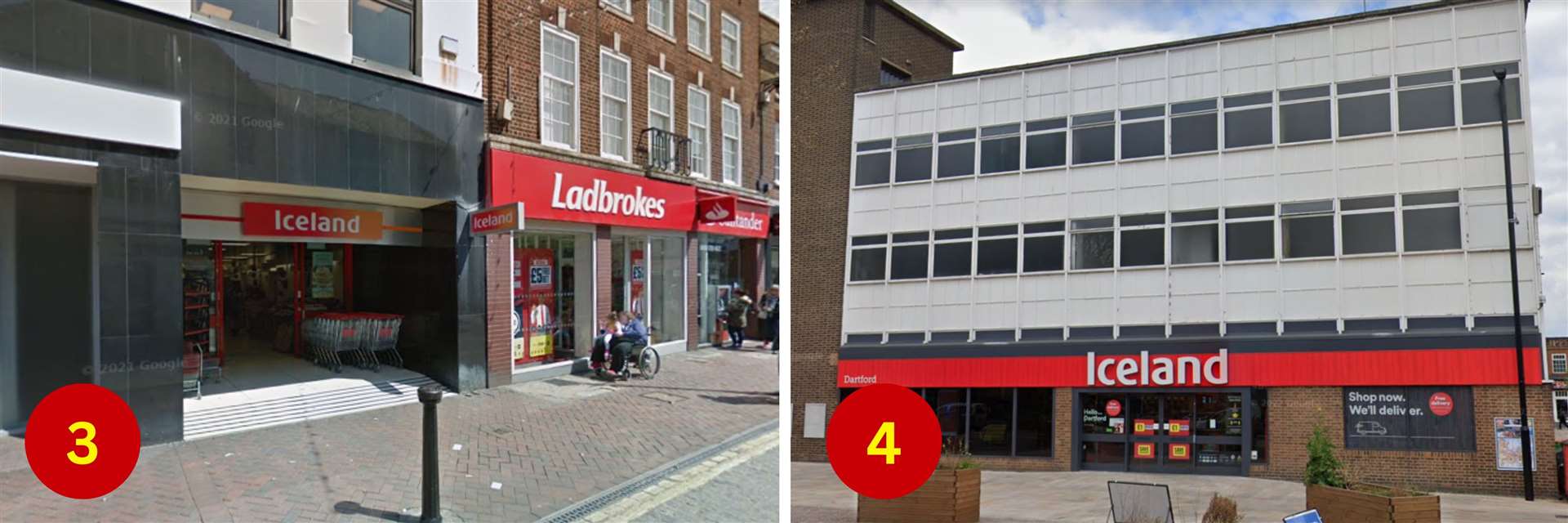 The Ashford and Dartford Iceland stores, left and right respectively, came in third and fourth. Picture: Google