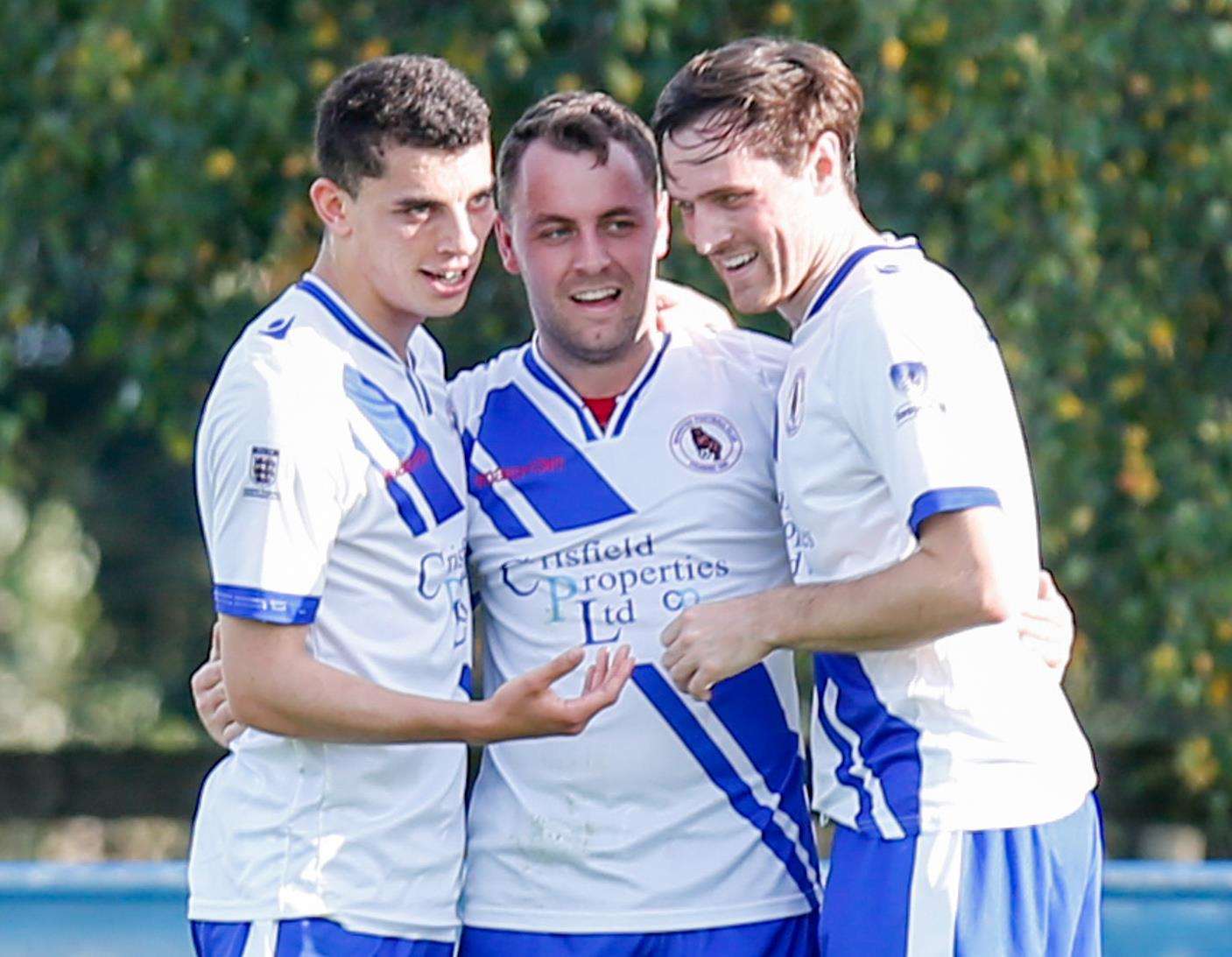 Bearsted striker Pete Williams celebrates with team-mates after scoring against Beckenham Picture: Matthew Walker