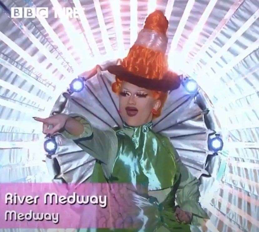 River Medway took to the Runway Challenge on RuPaul's Drag Race UK dressed as Chatham's Thomas Waghorn Statue. Picture: BBC