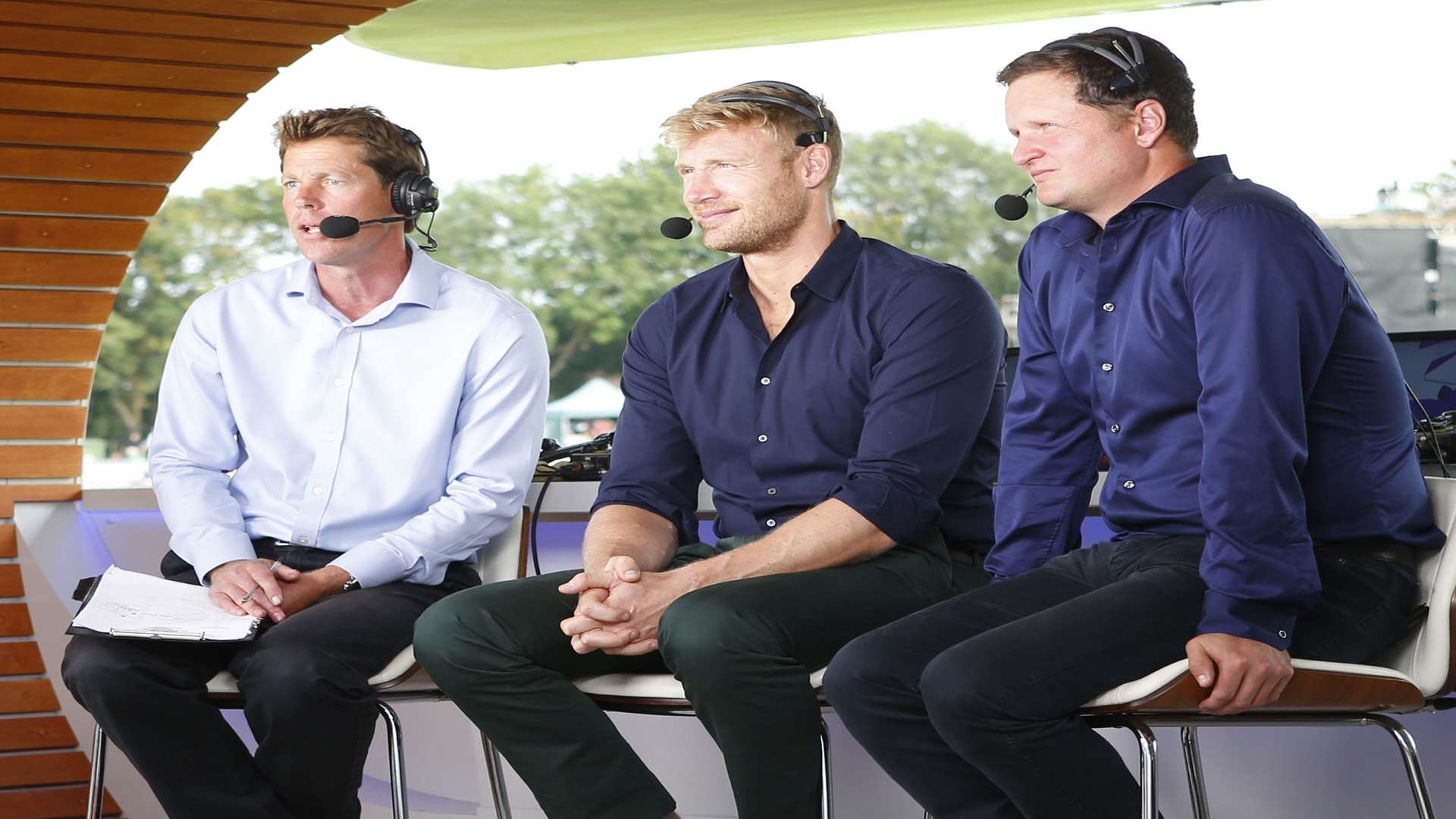 Nick Knight, Andrew Flintoff & Rob Key in the Sky Sports Pod Picture: Andy Jones