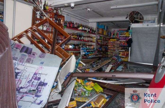 Damage inside the shop. Ram raiders who stole an ATM from a newsagent in Northfleet in November 2019 have been jailed for a combined total of 22 years. Picture: Kent Police