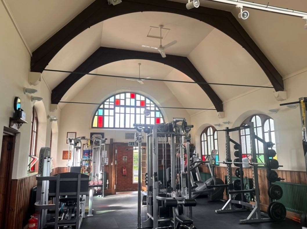 The stained glass window inside the new church based gym facility
