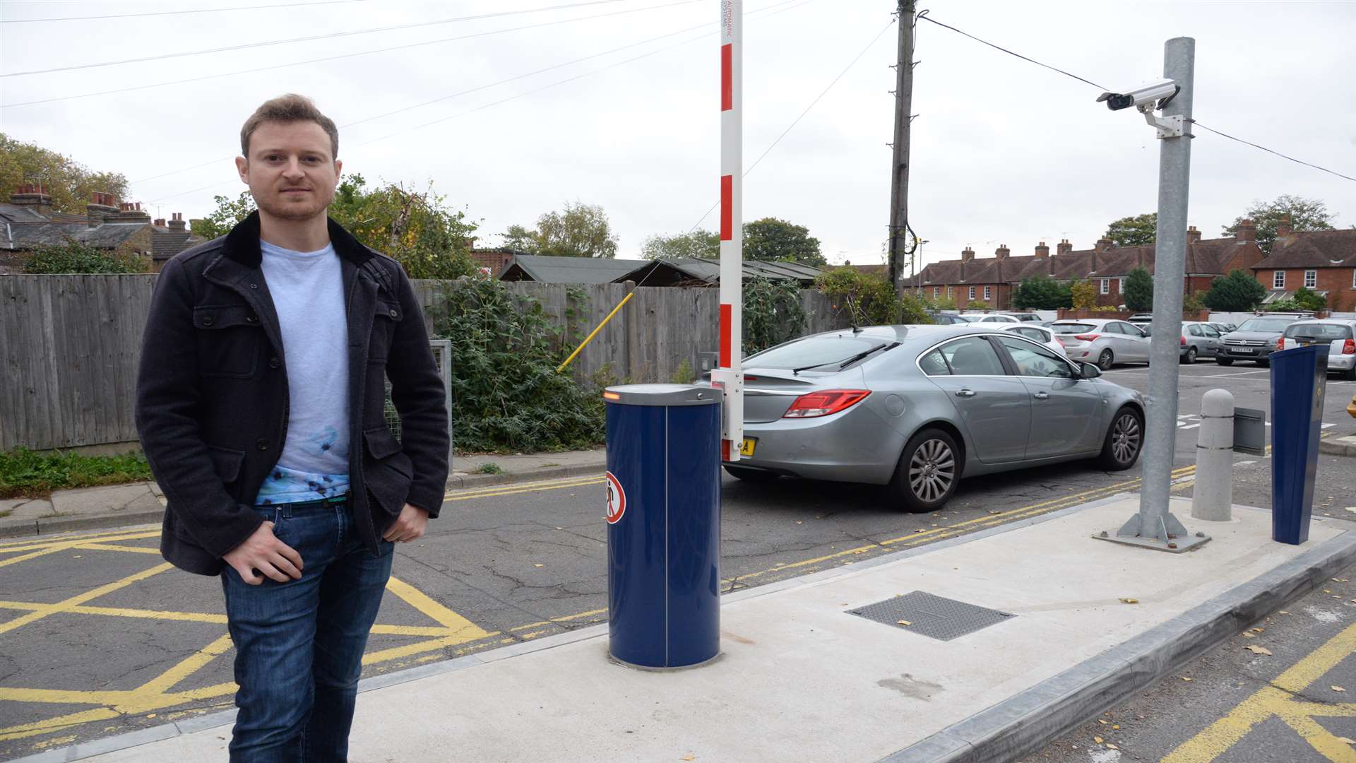 Cllr Ben-Fitter Harding and the ANPR barriers at Pound Lane car park, Canterbury