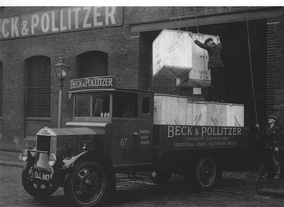 A Beck & Pollitzer truck unloads at London's Trigg Wharf in 1933