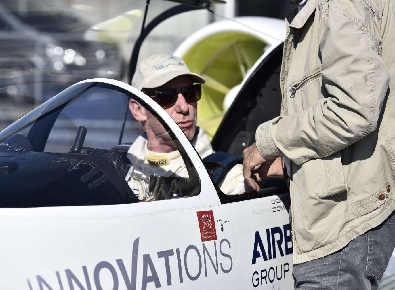 Pilot Didier Esteyne preparing to fly a battery-powered Airbus aircraft from Kent to the French port of Calais