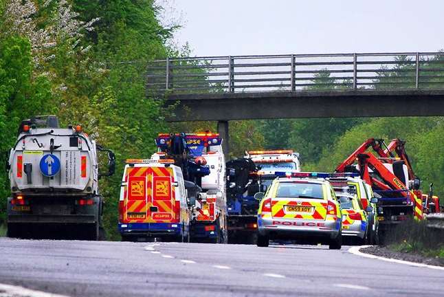 Emergency services at the scene of the fatal crash on the A2 near Barham