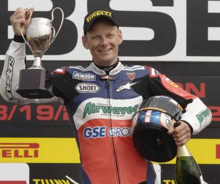 Shane Byrne celebrates winning race one at Thruxton. Picture: Andy Payton