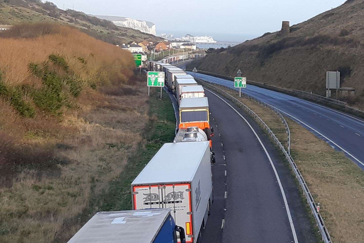 Dover TAP stock picture. Lorries queuing along the A20 in Dover