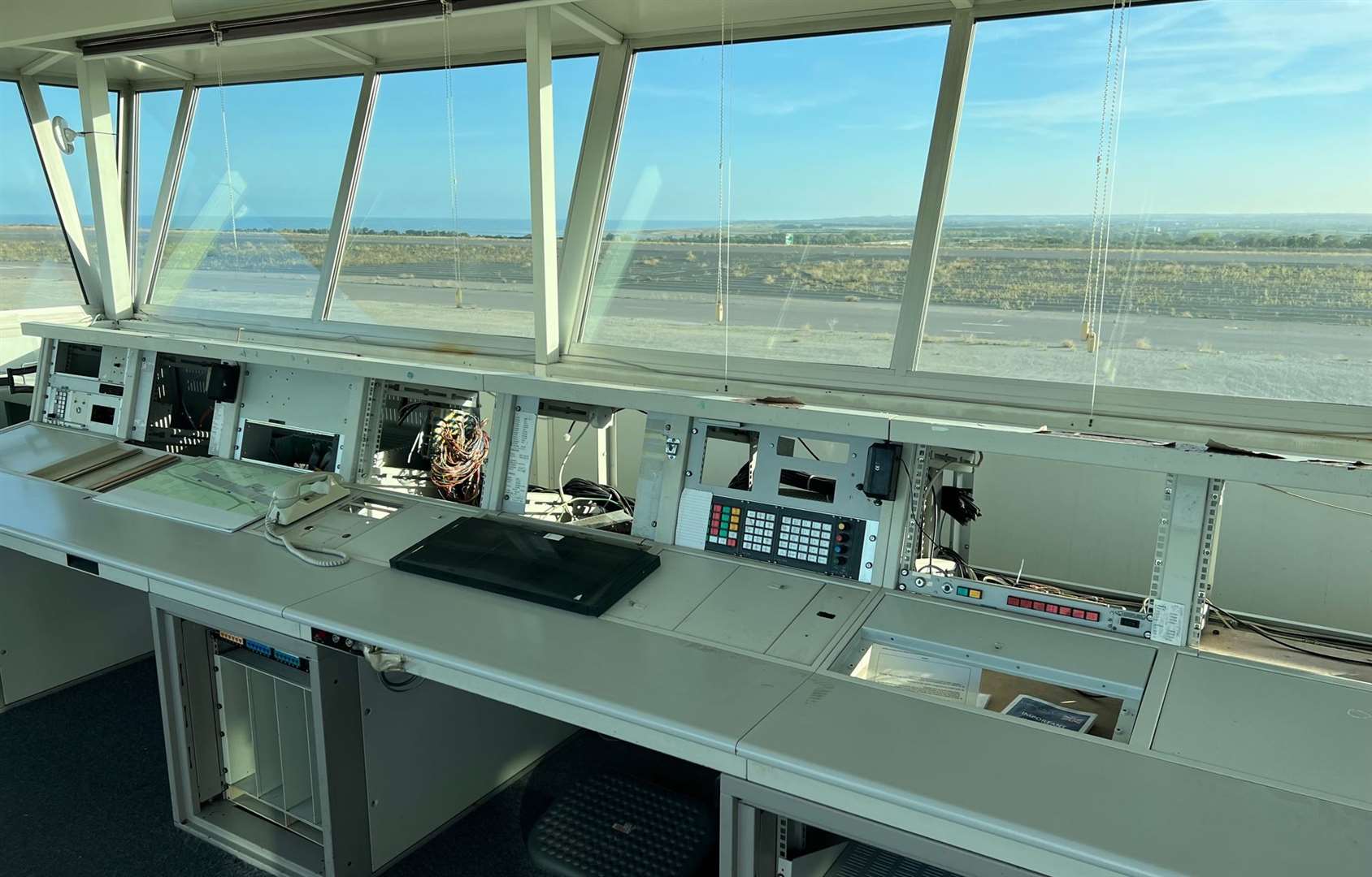 The abandoned desks in the control tower of Manston Airport