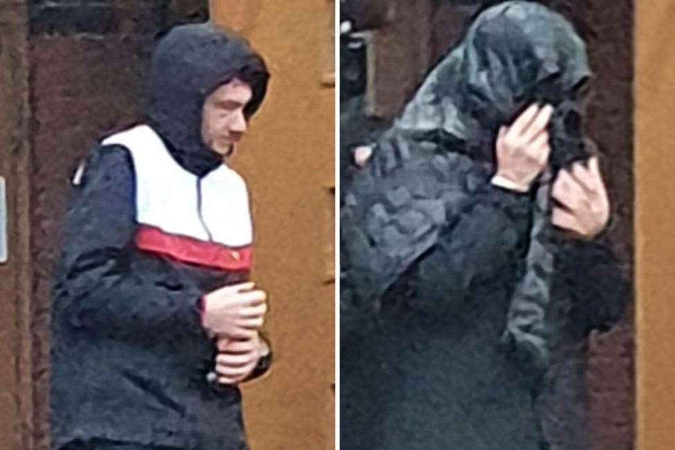 Jack Barron (left) and Luke Fogarolli, with his coat over his head, leave court after the jury's verdicts