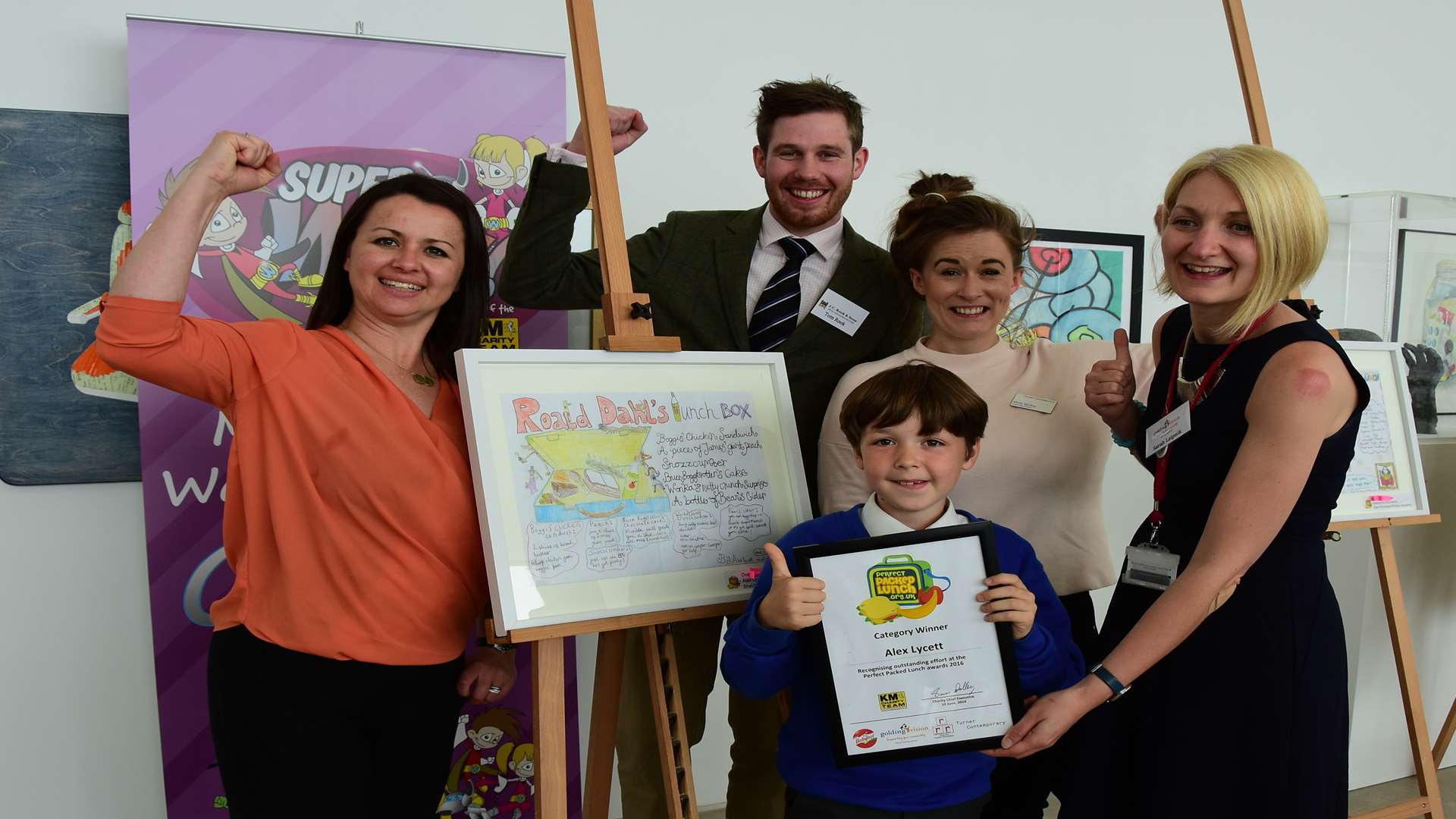 Perfect Packed Lunch Overall Champion Alex Lycett of Sheldwich Primary School celebrates victory with key partners at the Turner Contemporary certificate presentation event.