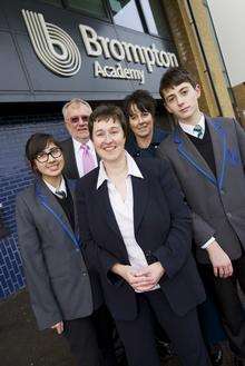 Judy Rider with pupils at Brompton Academy's topping out