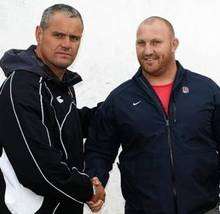 Sheppey director of rugby Andy Hosken (left) welcomes new signing Steve Croall