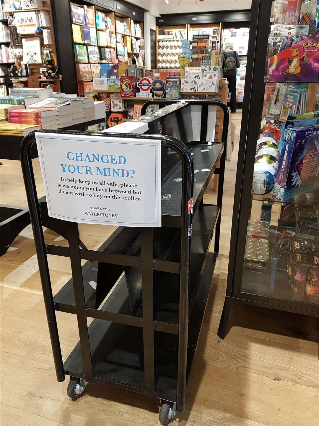 Change-your-mind trolley at Waterstone's book shop in Tunbridge Wells