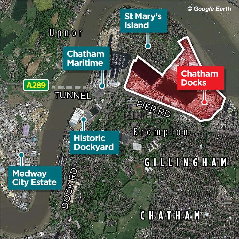 Chatham Docks is located on the River Medway and became a commercial port after the naval dockyard closed down in the 1980s