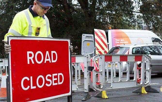 Gas works road closed sign. SGN stock photo
