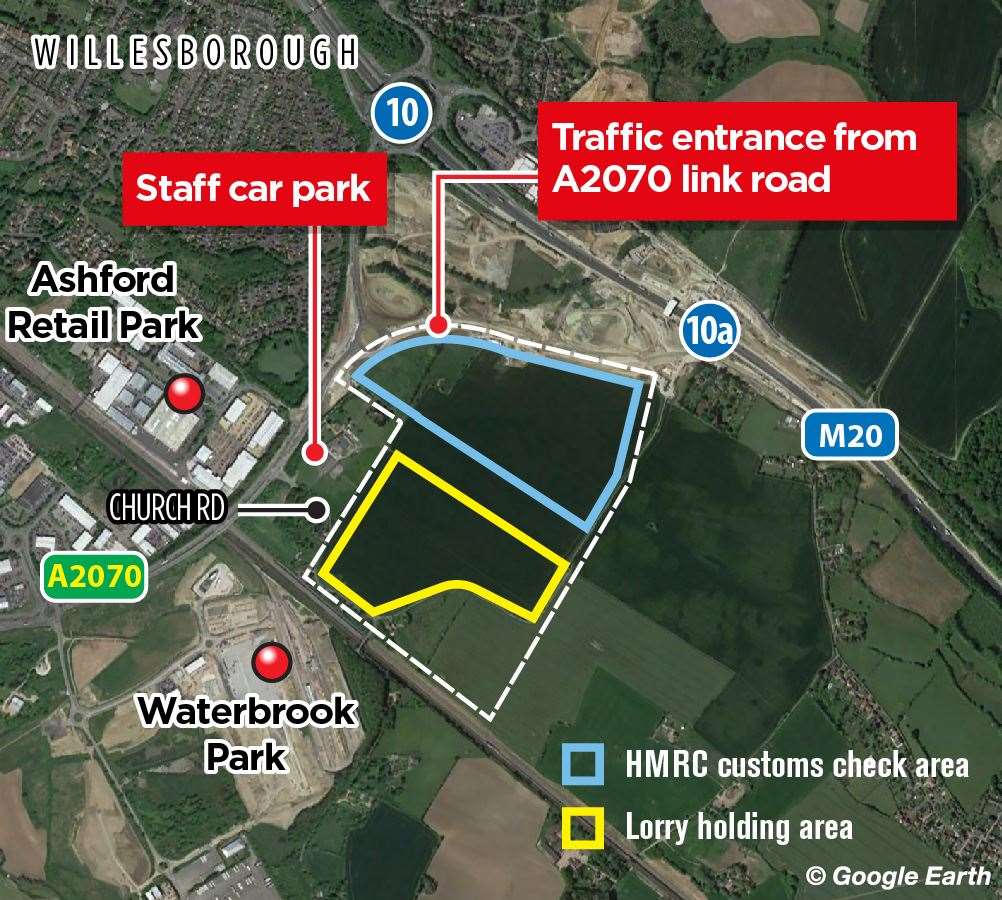 How Ashford's post-Brexit lorry park is set to look - with Waterbrook Park in the left of this map also set to be used
