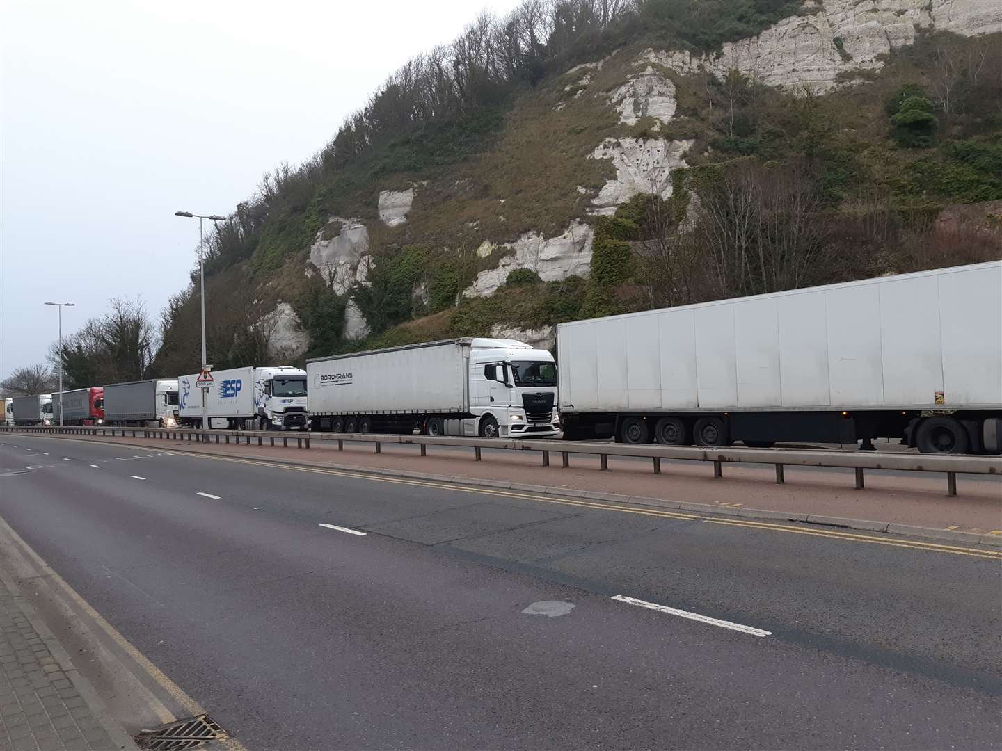 Lorries queuing on the A20 and Townwall Street in Dover