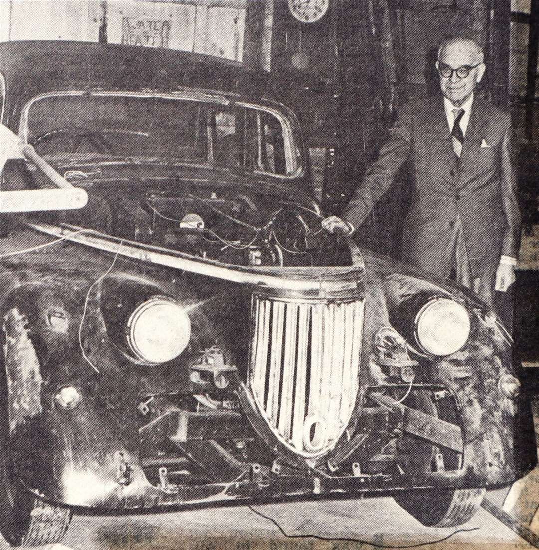 Wadia Murad posing by his one-off Murad car at the Sheerway Works, Sheerness, Sheppey, in February 1982. Picture: Kent Evening Post