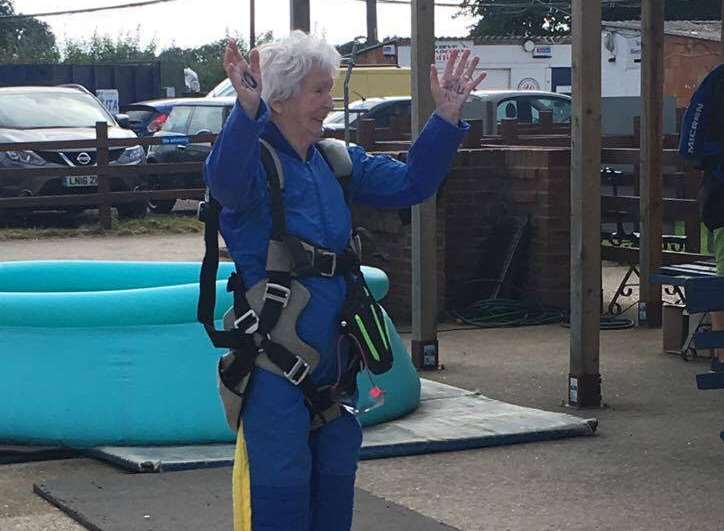 Margaret, 90, pictured after her skydive