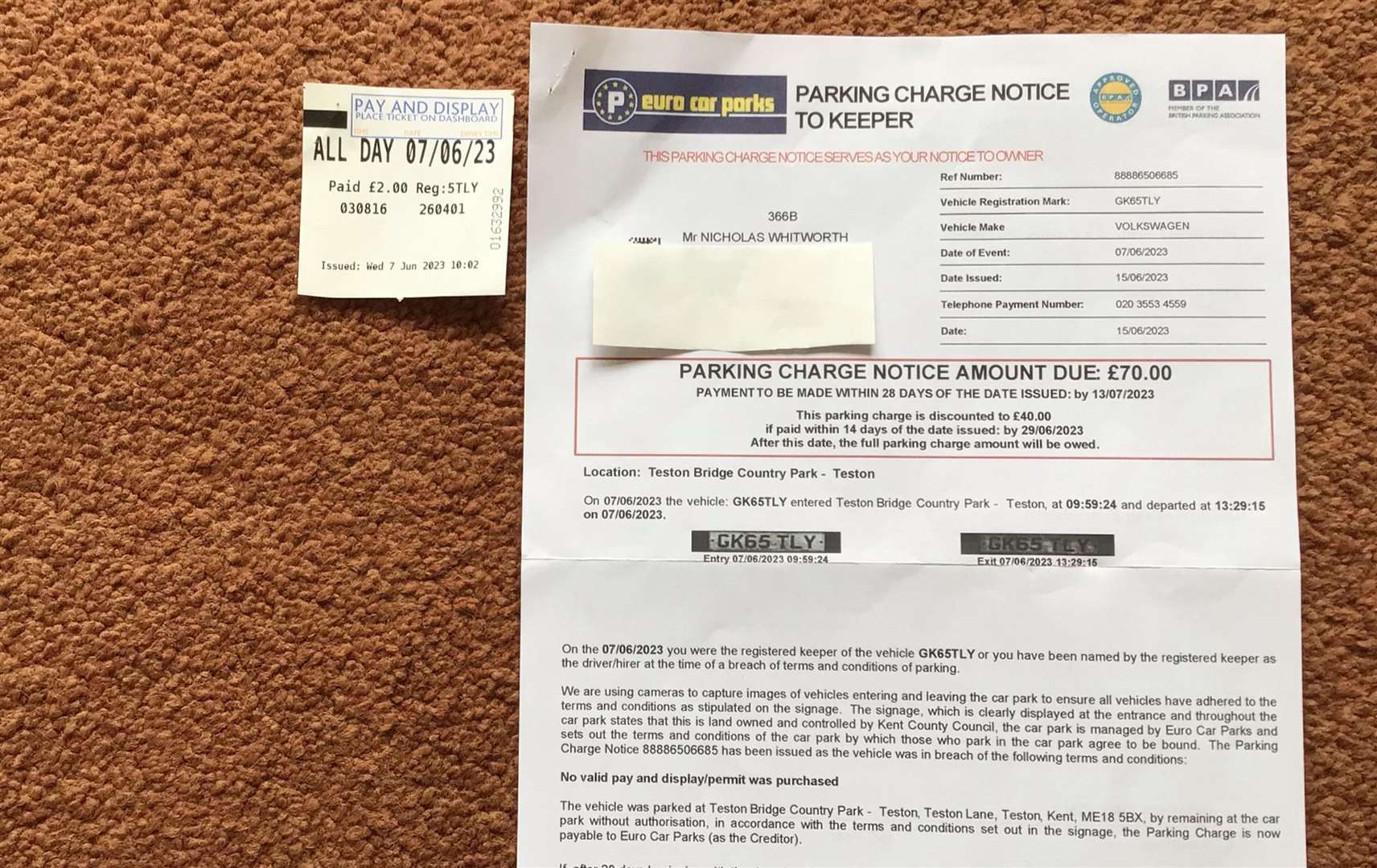 PCN and parking ticket Nick got from Teston Country Park. Picture: Nick Whitworth