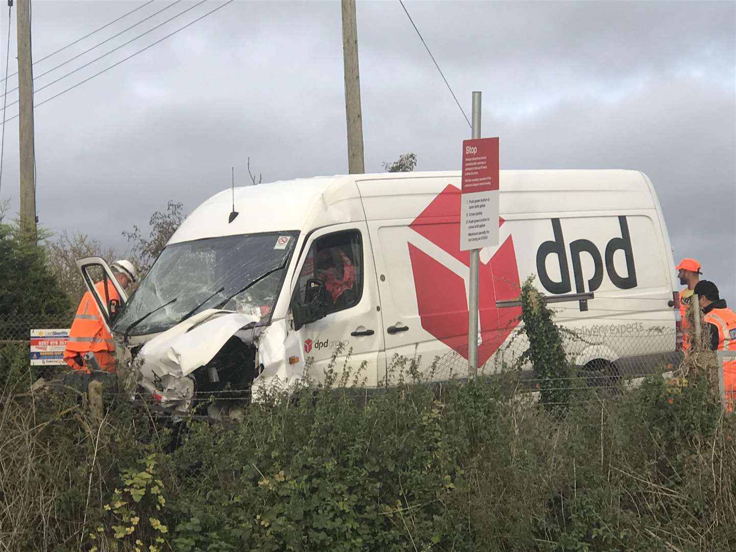 The damaged van at the level crossing in Lower Road, Teynham