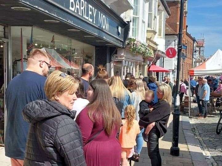 The queue outside Cheran's Bakery in Faversham this morning