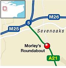 The crash happened near the Morleys roundabout on the A21. Graphic: Ashley Austen