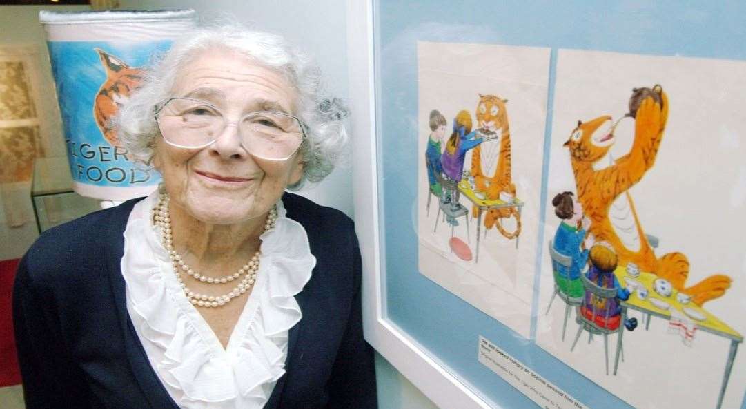 Judith Kerr with her famous Tiger Who Came to Tea, which is on show at Bateman's and then Knole in Sevenoaks