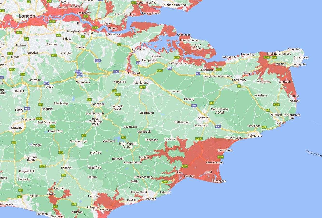 Climate Central's map depicting land at risk of flooding in Kent by 2050 if we continue on our current trajectory. The red is areas which will be prone to potentially severe flooding