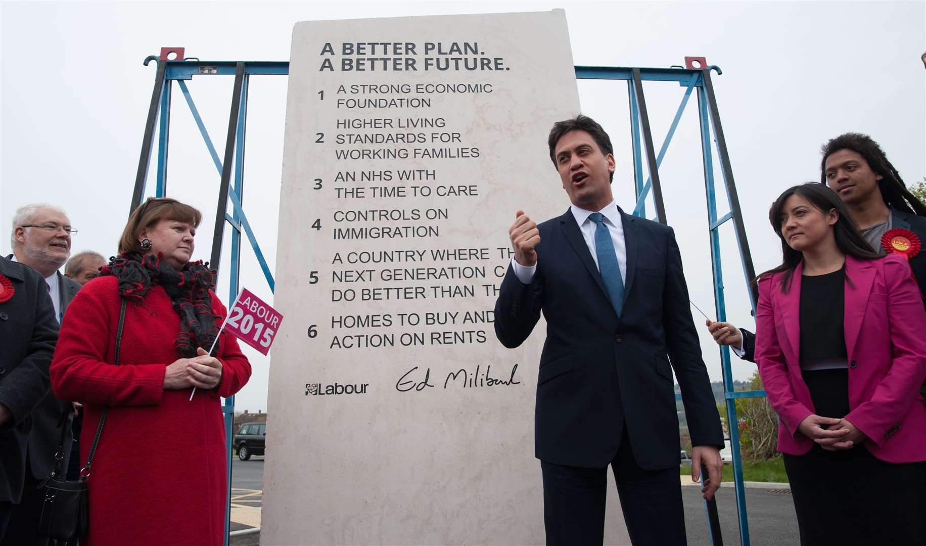 Ed Miliband’s pledge cards were overshadowed by the infamous ‘Ed Stone’, where Labour’s promises were carved into an 8ft 6in stone slab (Stefan Rousseau/PA)
