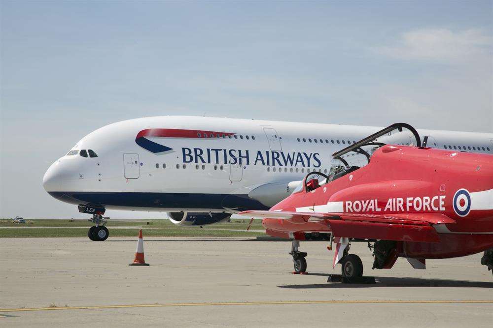 British Airways makes history with its first Airbus A380 in training at Manston Airport in summer 2013 with another regular visitor, an RAF Red Arrow jet plane. Picture: Tim Stubbings