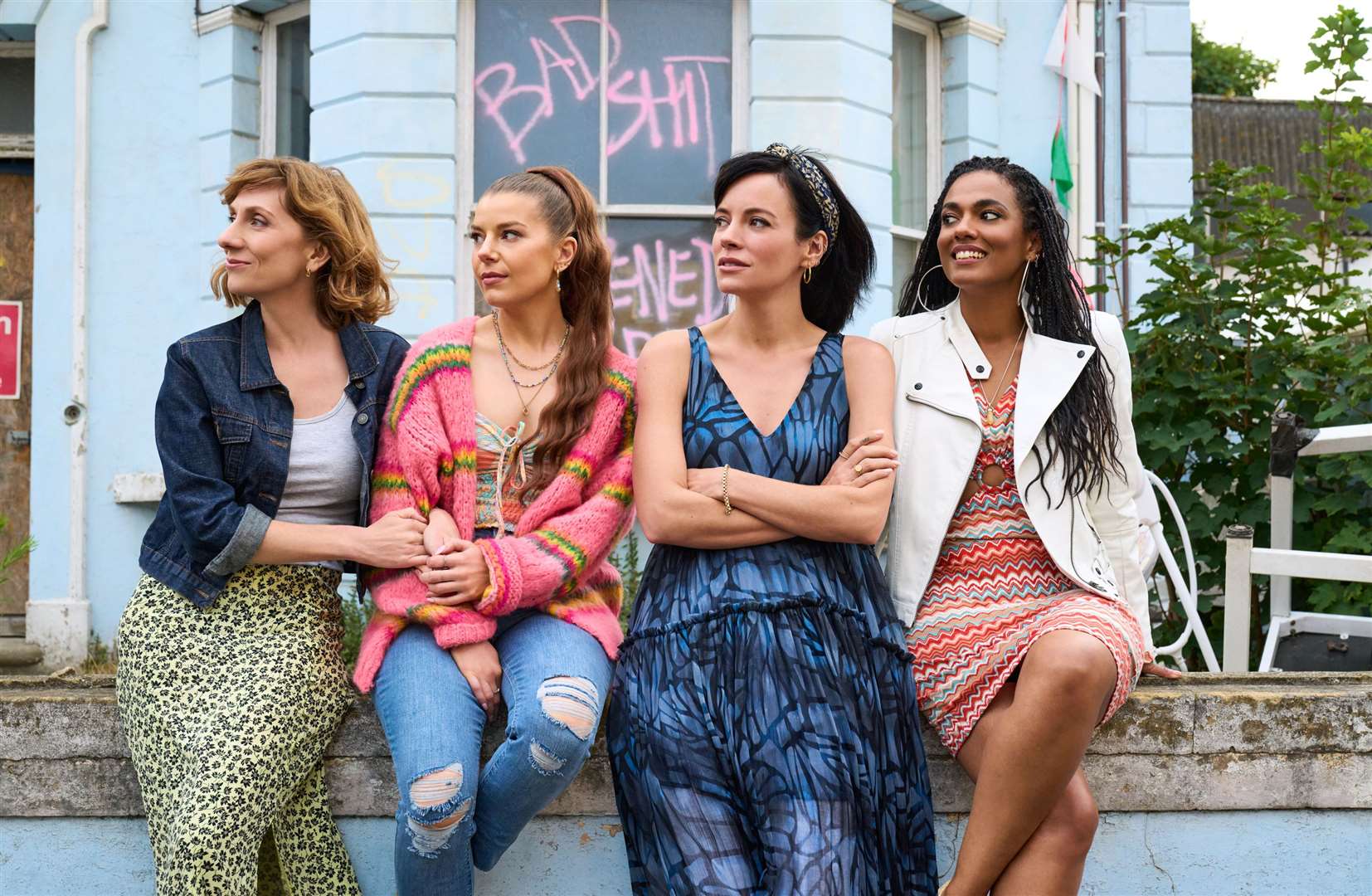 Pictured: (L-R) Gabby Best as Clare, Aimee-Ffion Edwards as Leila, Lily Allen as Mel and Freema Agyeman as Trish. Picture: PA Photo/©Sky UK Ltd/Natalie Seery