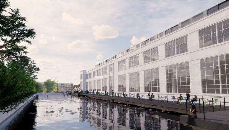Len House, the former Rootes garage in Maidstone: an artist's impression of the new board-walk over the millpond