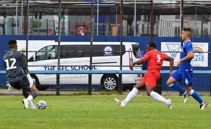 Dipo Akinyemi scores his second goal for Welling in a pre-season friendly against the Gills in July 2021 Picture: Keith Gillard