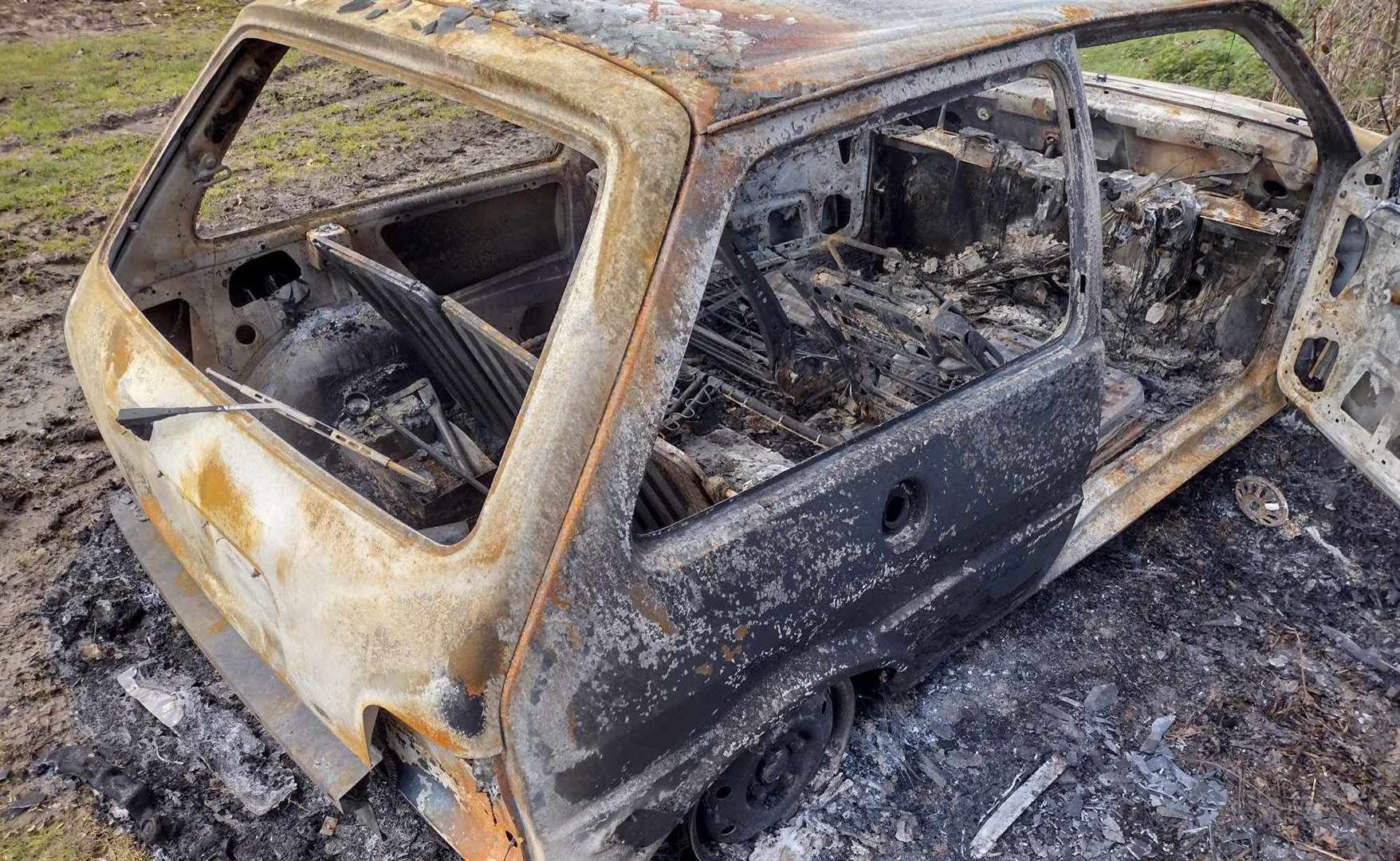 Liam Crook's 1994 Rover Metro was stolen and left burnt out in Milstead. Picture: Liam Crook