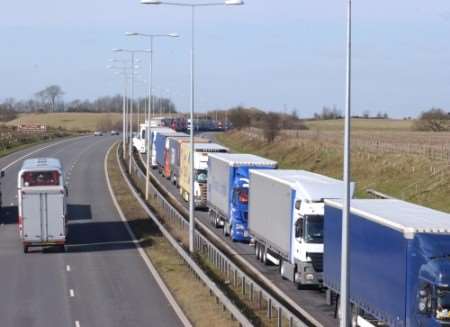 Lorries parked on the M20 on Saturday. Picture: DAVE DOWNEY