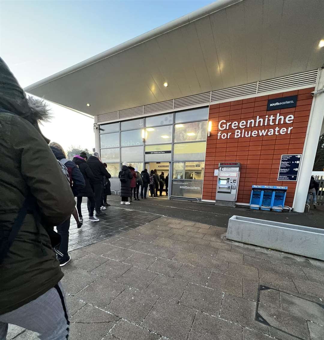 There were long queues outside Greenhithe Station this morning due to a broken ticket machine. Photo: Marina
