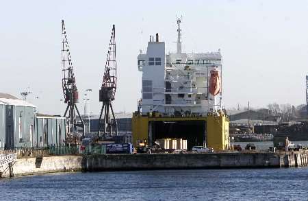 A ferry ship being unloaded at Chatham Dock, which could be lost for housing development