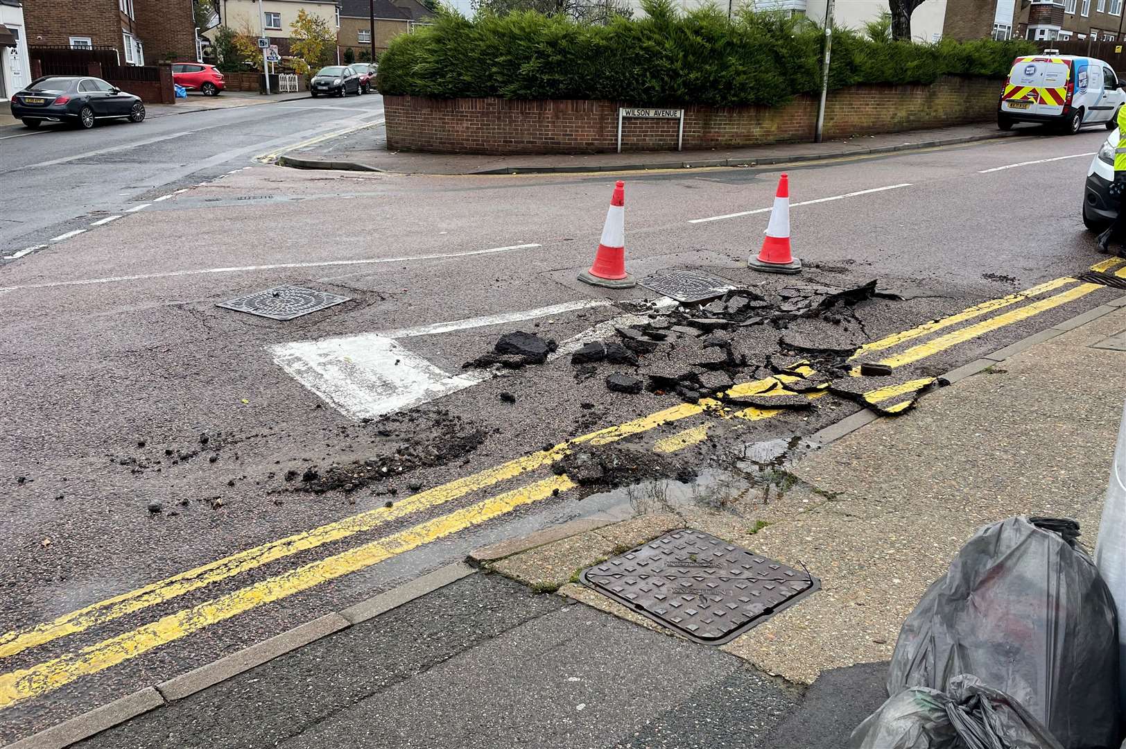 The storm has caused damage to part of the road in Wilson Avenue, Rochester