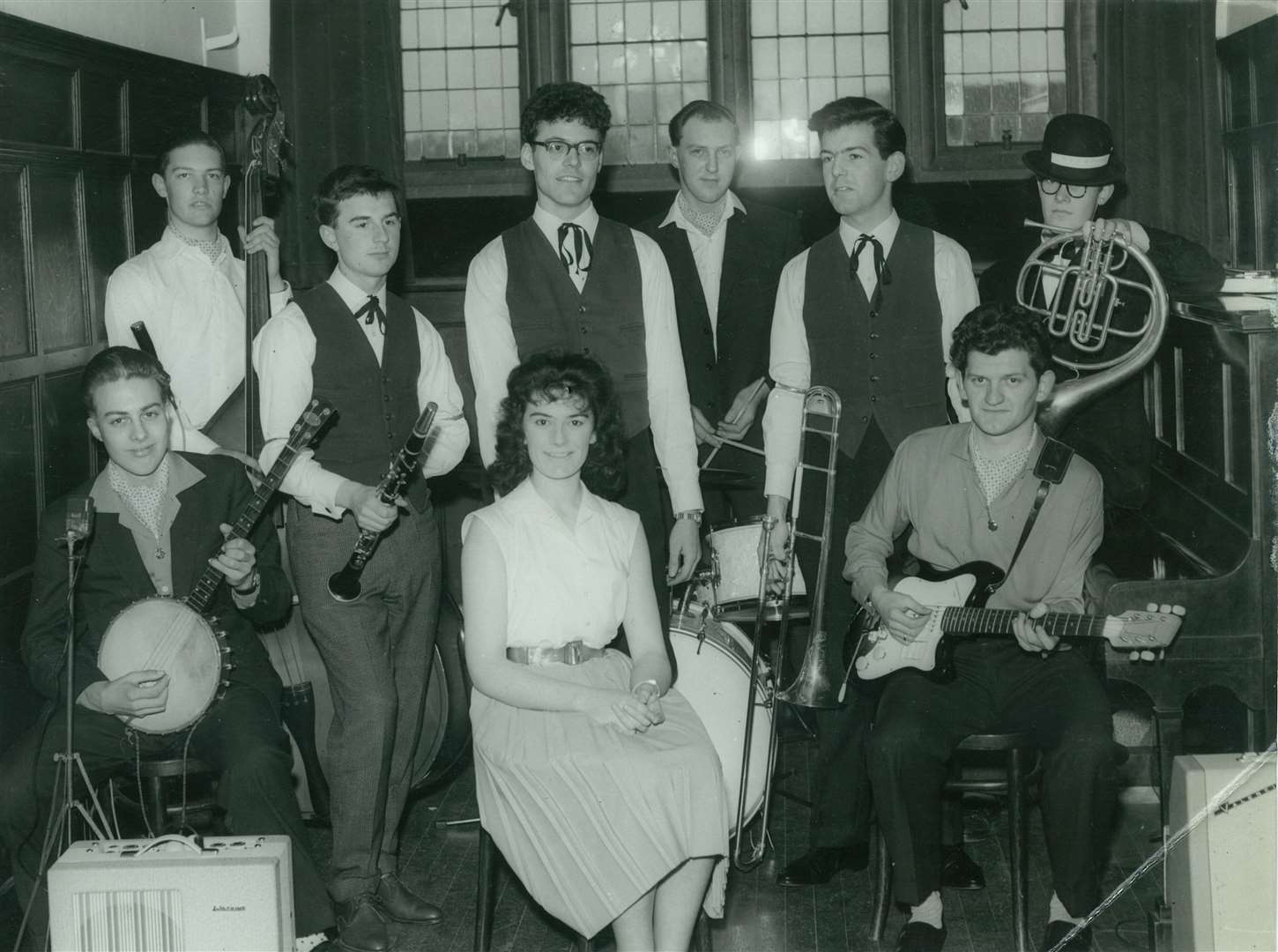 The Jazz Gentlemen at Maidstone's Archbishops Palace: Peter Jansen, Peter Matthews, Jim Strike, Sheila Baker, Brian Jenner, Terry Winter, Brian Millen, Norman Hoskins and Paul Rodriguez