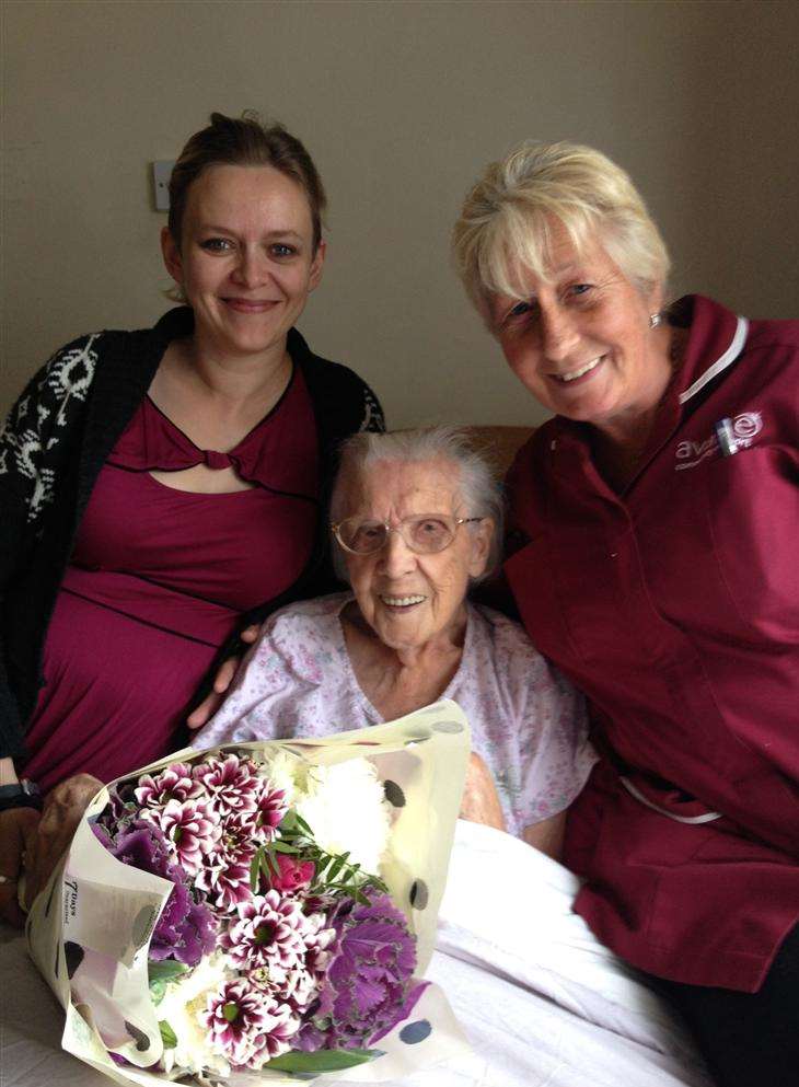 Violet Diprose with her great-granddaughter Kyra Cross with carer Denise Rees