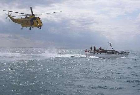 The RAF air-sea rescue helicopter about to lower a doctor aboard. Picture courtesy RNLI MARGATE