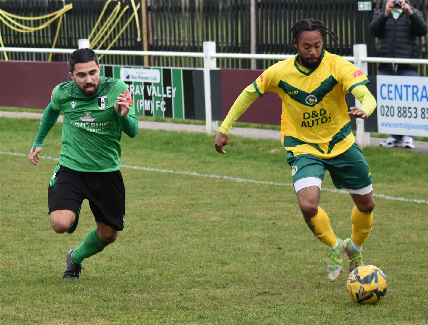 Bradley Simms brings the ball forward for Ashford at Cray Valley. Picture: Alan Coomes