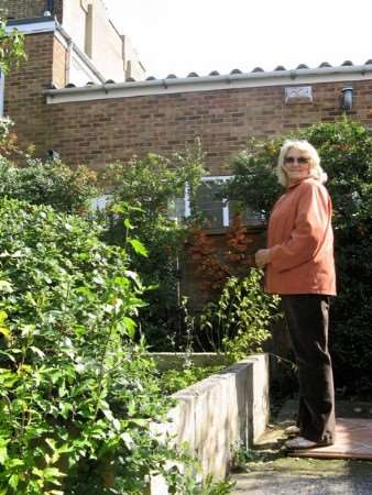Delia Buckle in her garden. The brick wall is where the new Tesco air-conditioning and refrigeration units are to be installed