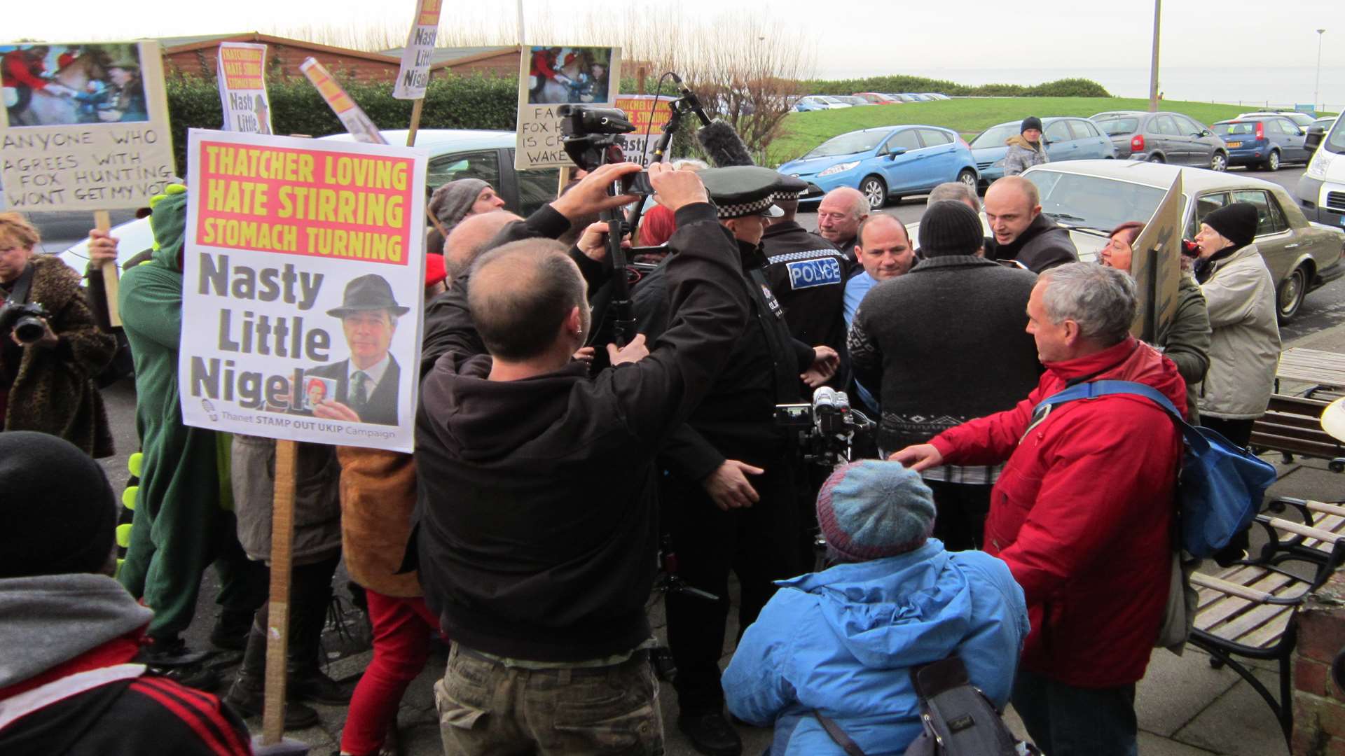 Protesters clash with Nigel Farage in Cliftonville in January 2014