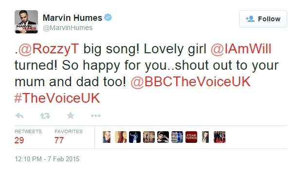 Marvin Humes tweeted Rozzy during the show on Saturday